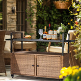 HAOYYE Outdoor Wicker Bar Cart Table Light Brown Rolling Buffet Serving Cart with Glass Top Storage Cabinet and Side Handles Portable Patio Island Cart on Wheels for Porch Backyard Garden Poolside Entertaining